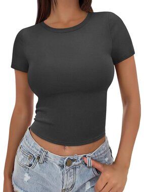 👑 Women's Dark Grey Short Sleeve Summer Trendy Tight Slim Fit T Shirts Crop Top